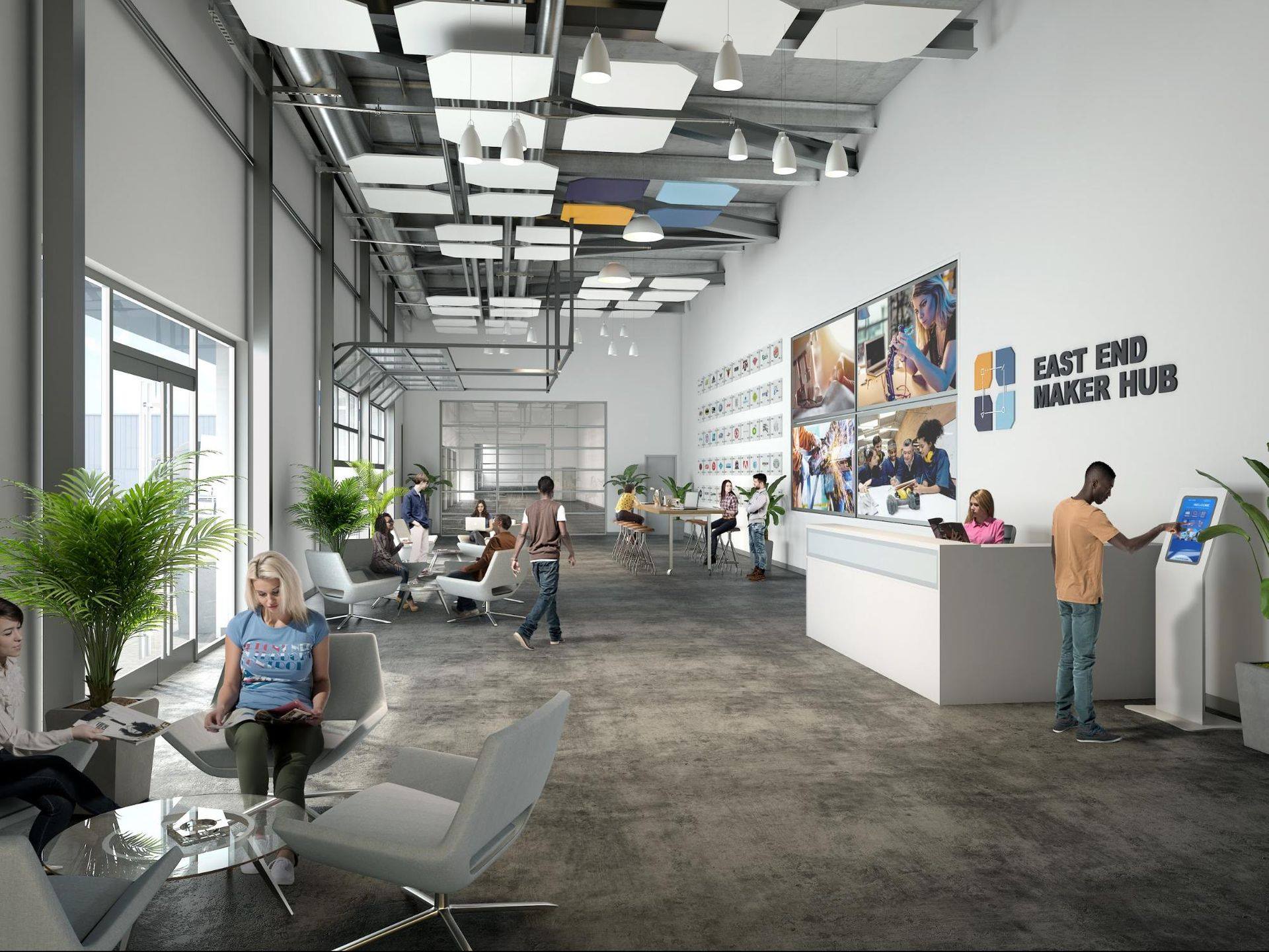 A rendering of the East End Maker Hub Lobby