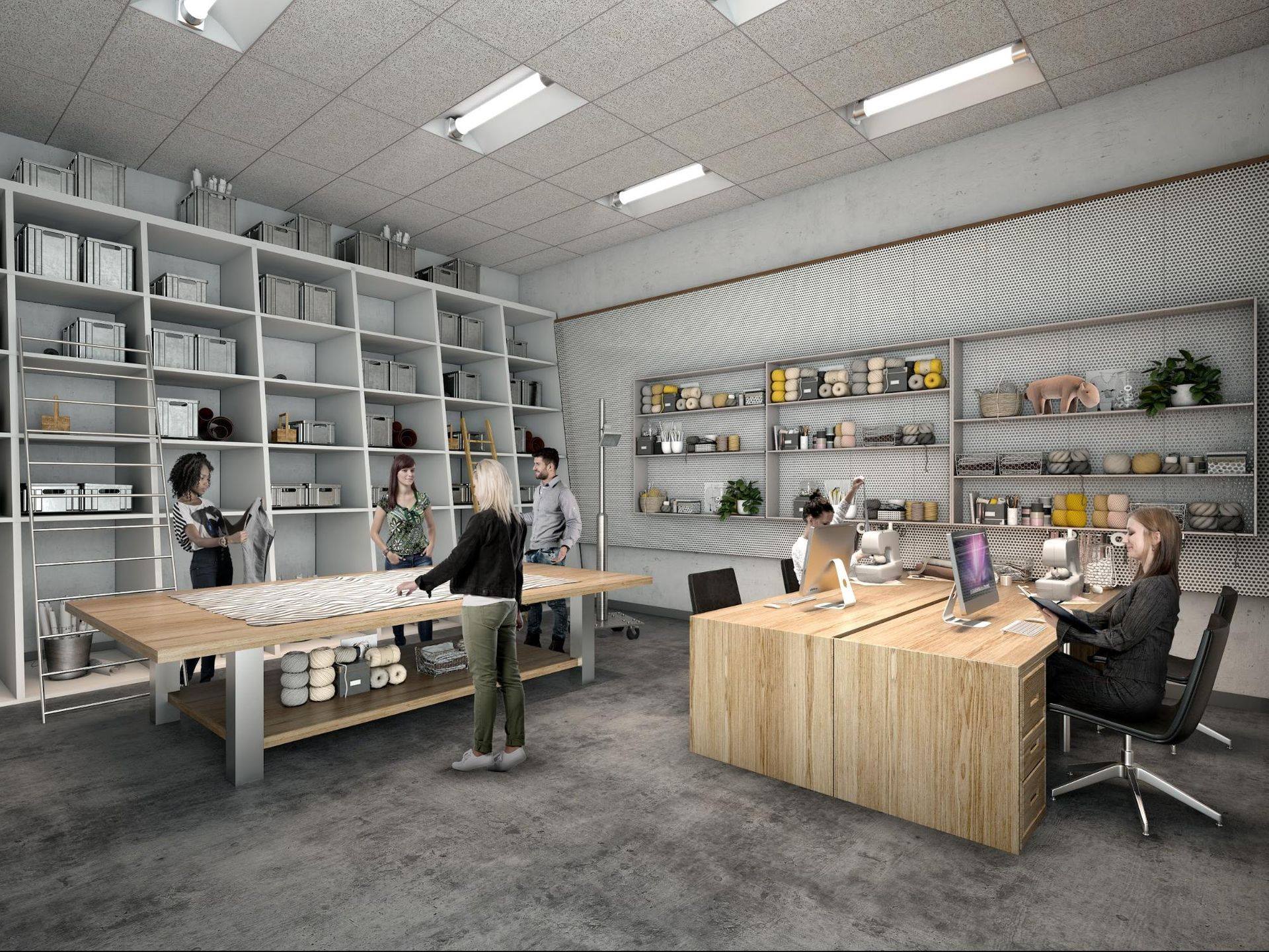 A visual representation of East End Maker Hub Studio, featuring a room with individuals at their desks